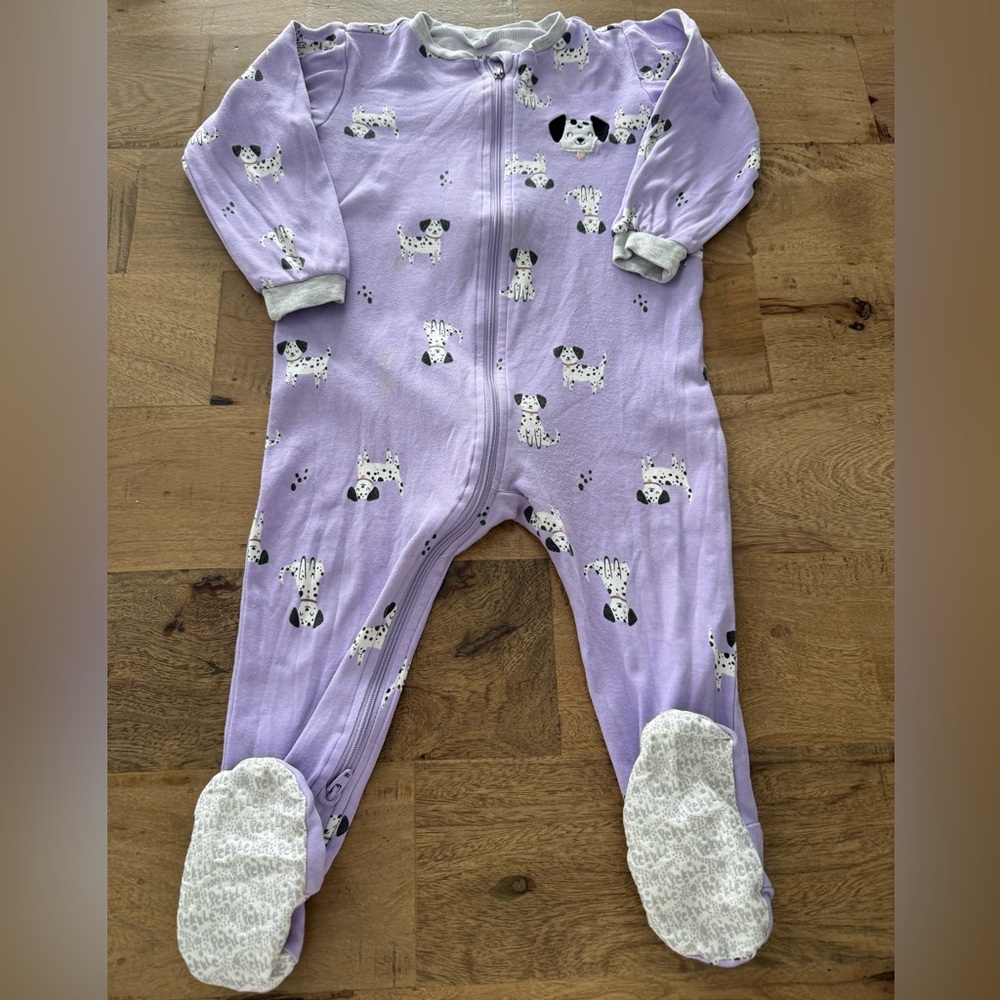 Pekkle Purple Dalmatian Print Kids One Piece footies size 18 months